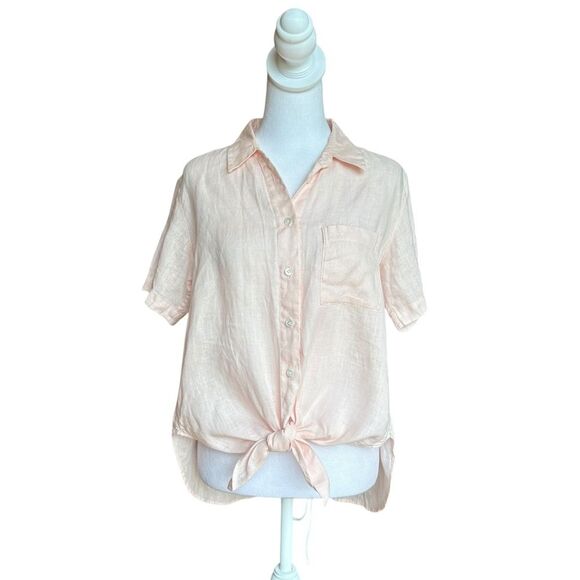 Theory Hekanina Tie Front Shirt Linen Button Down Top Pale Pink Womens Small - Picture 1 of 10